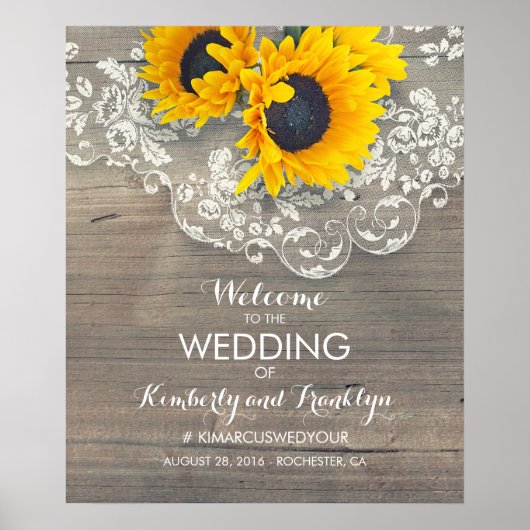 Sunflower Lace Wood Rustic Wedding Welcome Sign Poster (Voorkant)