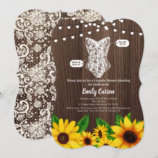 Sunflower lingerie douche invitation bois rustique (Devant / Derrière)