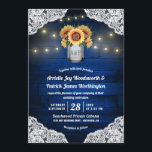 Sunflower Mason Jar Blue Wood Wedding Invitations<br><div class="desc">Sunflower Mason Jar Blue Wood Wedding Invitations - disposent d'un arrière - plan de marine royale ou de bois de grange bleu décoré de dentelle et décoré de cordes chaudes lumières scintillantes. Le design comporte également un bouquet de tournesols à l'intérieur d'un bocal de maçon que vous pouvez customiser les...</div>