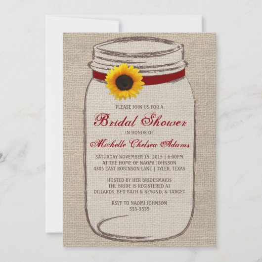 Sunflower Mason Jar Bridal Showuitnodiging Kaart (Voorkant)