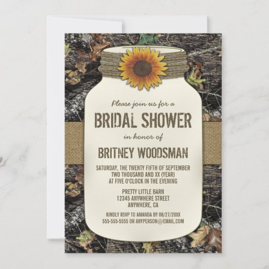Sunflower Mason Jar Camo Invitations de douche nup (Devant)