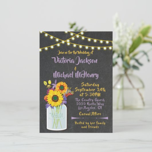 Sunflower Mason Jar Chalkboard Invitations de mari (Debout devant)