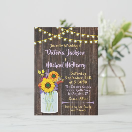 Sunflower Mason Jar Faire-part de mariage rustique (Debout devant)