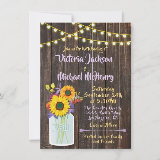 Sunflower Mason Jar Faire-part de mariage rustique (Devant)