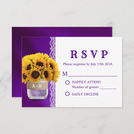 Sunflower Mason Jar Mariage violet RSVP (Devant / Derrière)