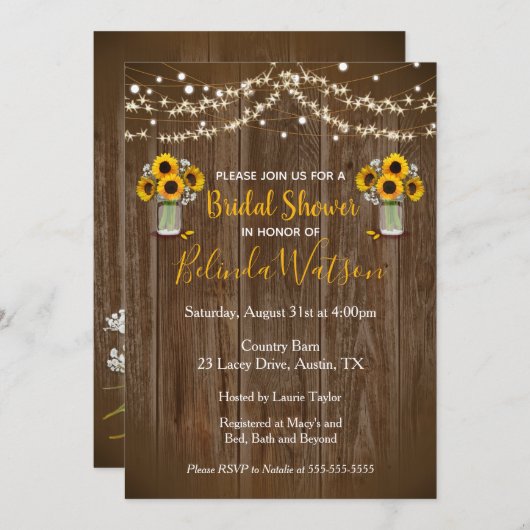 Sunflower Mason Jar Rustic Vrijgezellenfeest Weddi Kaart (Voorkant / Achterkant)