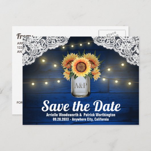 Sunflower Mason Jar Wood Enregistrer la date Carte (Devant / Derrière)
