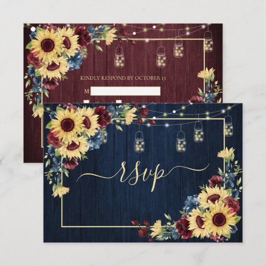 Sunflower Navy Bleu Bourgogne Bois Floral RSVP (Devant / Derrière)