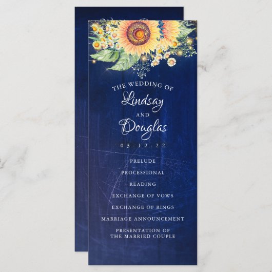Sunflower Navy Bleu Russe Programmes Mariages de a (Devant / Derrière)