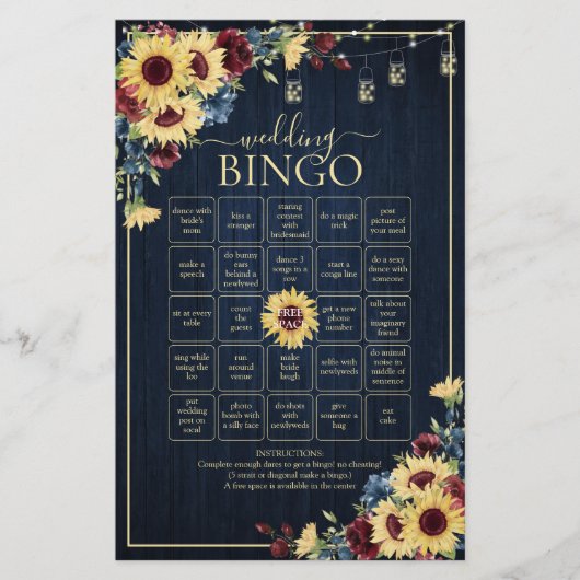 Sunflower Navy Blue Burgundy Wedding Bingo Game (Voorkant)