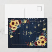 Sunflower Navy Blue Burgundy Wood Floral +Menu Uitnodiging Briefkaart (Voorkant / Achterkant)