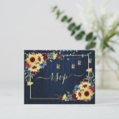 Sunflower Navy Blue Burgundy Wood Floral +Menu Uitnodiging Briefkaart (Staand voorkant)