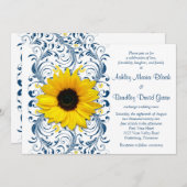 Sunflower Navy Blue Floral Wedding Invitation Kaart (Voorkant / Achterkant)