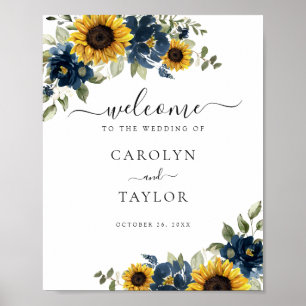 Sunflower Navy Blue Greenery Wedding Welcome Sign Poster