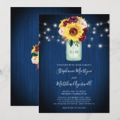 Sunflower Navy Blue Mason Jar Lights Wedding Kaart (Voorkant / Achterkant)