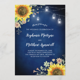 Sunflower Navy Blue Mason Jar Lights Wedding Kaart