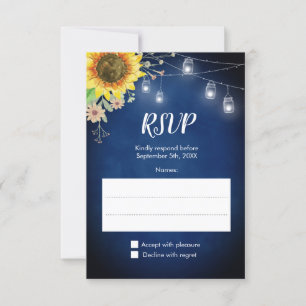 Sunflower Navy Blue Mason Jar Lights Wedding RSVP Kaartje