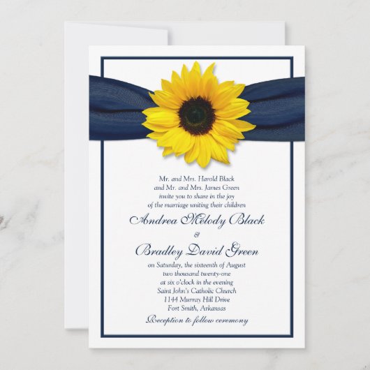 Sunflower Navy Blue Ribbon Faire-part de mariage (Devant)