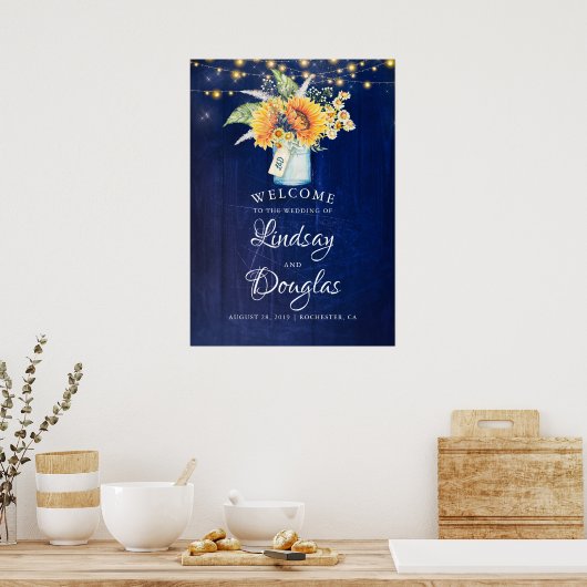 Sunflower Navy Blue Rustic Mariage Affiche de bien (Cuisine)