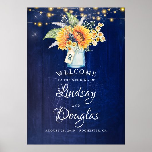 Sunflower Navy Blue Rustic Wedding Welcome Sign Poster (Voorkant)