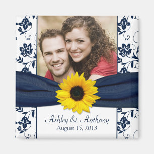 Sunflower Navy Blue White Damask Wedding Magnet Magneet