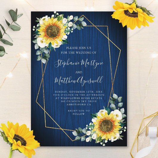 Sunflower Navy Blue Wood Geometric Wedding Kaart