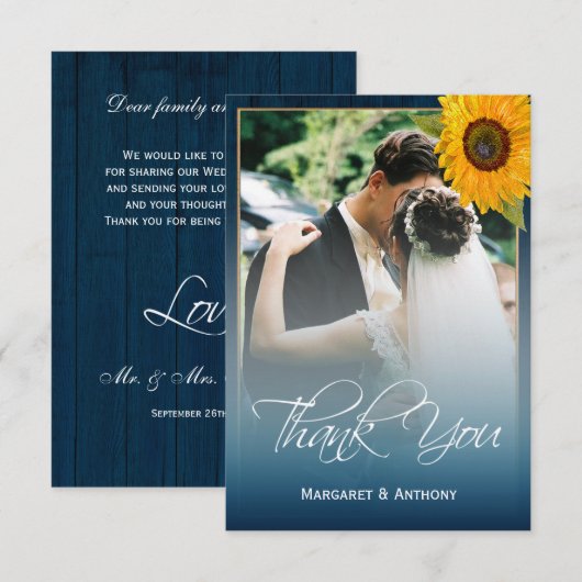 Sunflower Navy Blue Wood Rustic Wedding Bedankkaart (Voorkant / Achterkant)