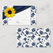 Sunflower Navy Damask Floral Mariage Cartes de pla (Devant / Derrière)