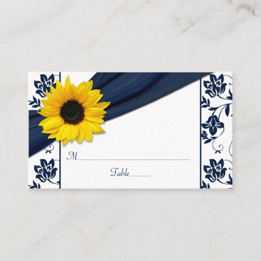 Sunflower Navy Damask Floral Mariage Cartes de pla (Devant)