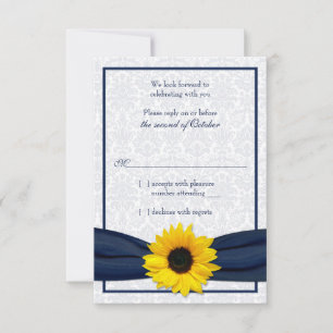 Sunflower Navy Damask Floral Wedding Carte RSVP