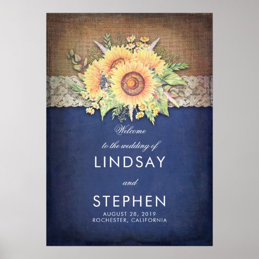 Sunflower Navy Rustic Wedding Welcome Poster (Voorkant)