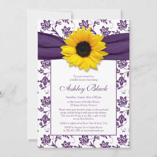 Sunflower Paarse Damask Bridal Shower Invitation Kaart (Voorkant)