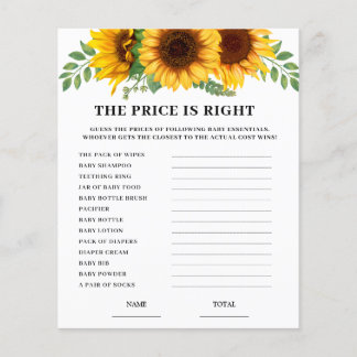 Sunflower Price is Right Baby Shower Game Card 