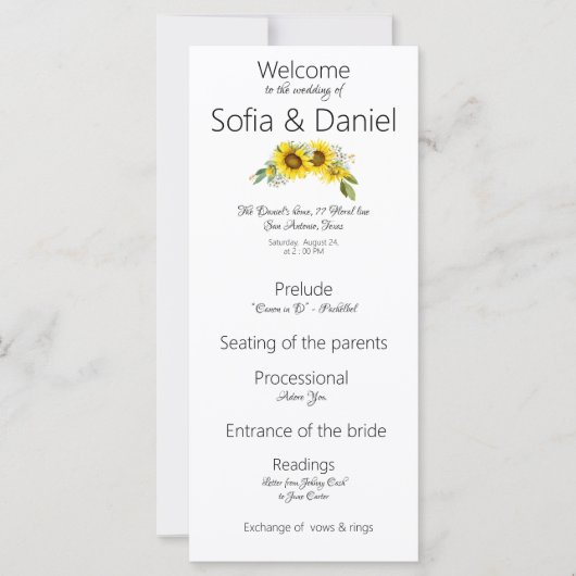 Sunflower programme de mariage élégant Carte à pla (Devant)