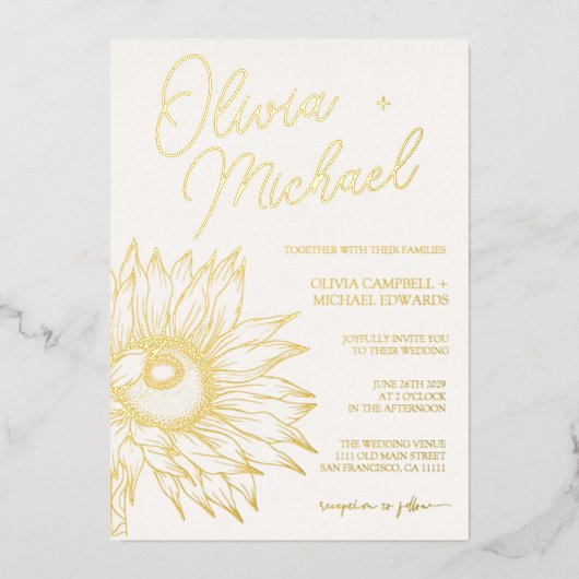 Sunflower Real Gold Foil Minimalist Weddenschap Go Folie Uitnodiging (Voorkant)