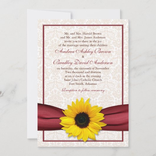 Sunflower Red Ribbon Mariage damassé Invitation (Devant)