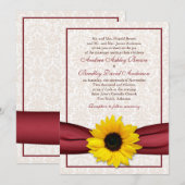 Sunflower Red Ribbon Mariage damassé Invitation (Devant / Derrière)