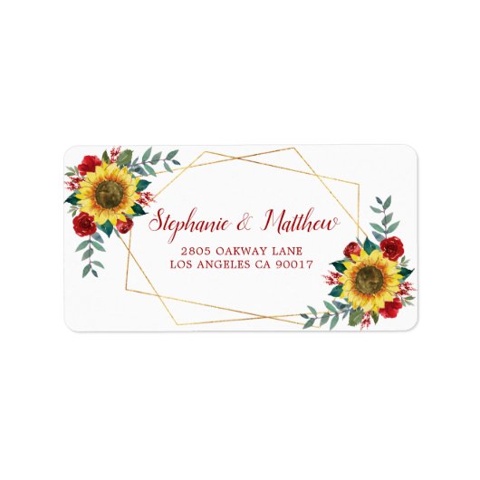 Sunflower Red Rose Geometric Gold Address Etiket (Voorkant)