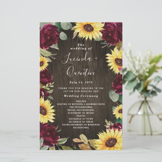 Sunflower Red Roses Rustic Wood Wedding Programmes (Debout devant)