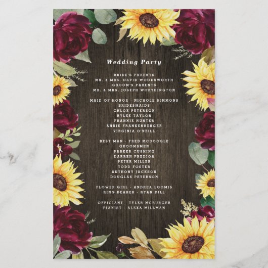 Sunflower Red Roses Rustic Wood Wedding Programs (Achterkant)