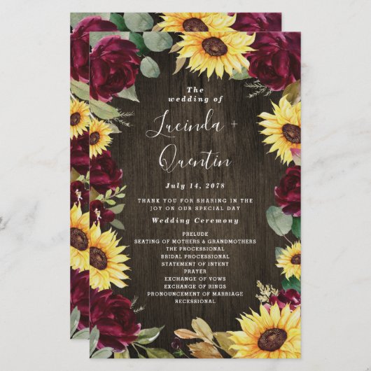 Sunflower Red Roses Rustic Wood Wedding Programs (Voorkant / Achterkant)