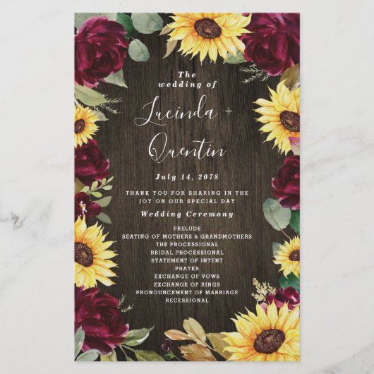 Sunflower Red Roses Rustic Wood Wedding Programs (Voorkant)