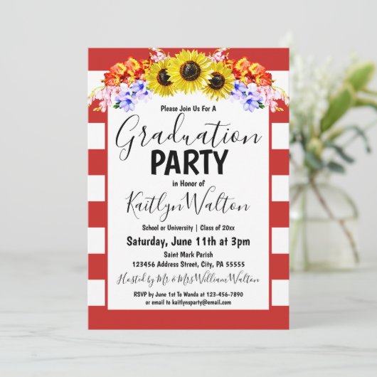 Sunflower Red Stripe Gradupe Party Kaart (Staand voorkant)