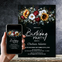 Sunflower Rose Floral Black Any Age Birthday Party Kaart