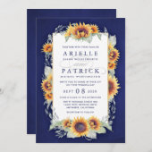 Sunflower Royal Blue Rustic Wedding Invitations (Devant / Derrière)