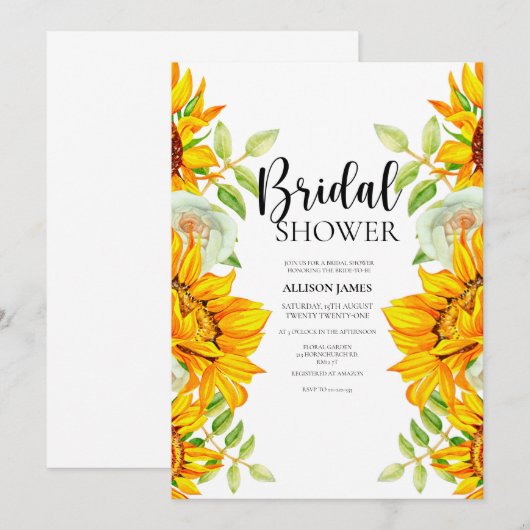 Sunflower Rozen Bridal Shower Invitation Kaart (Voorkant / Achterkant)