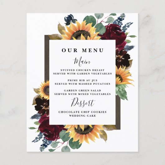Sunflower Rozen Burgundy Navy Blue Wedding Menu (Voorkant)