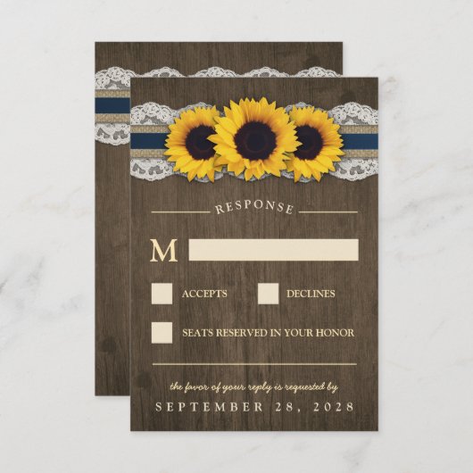 Sunflower Rustic Blue Burlap Wedding Cartes RSVP (Devant / Derrière)