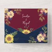 Sunflower Rustic Burgundy Navy Blue Wedding All In One Uitnodiging (Achterkant)