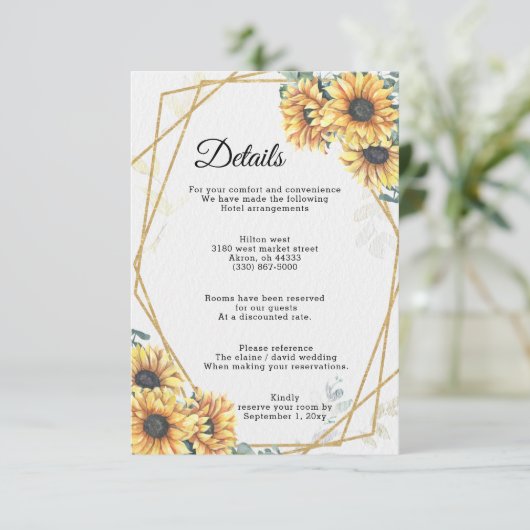 Sunflower Rustic Elegant Geometric Gold Wedding Informatiekaartje (Staand voorkant)